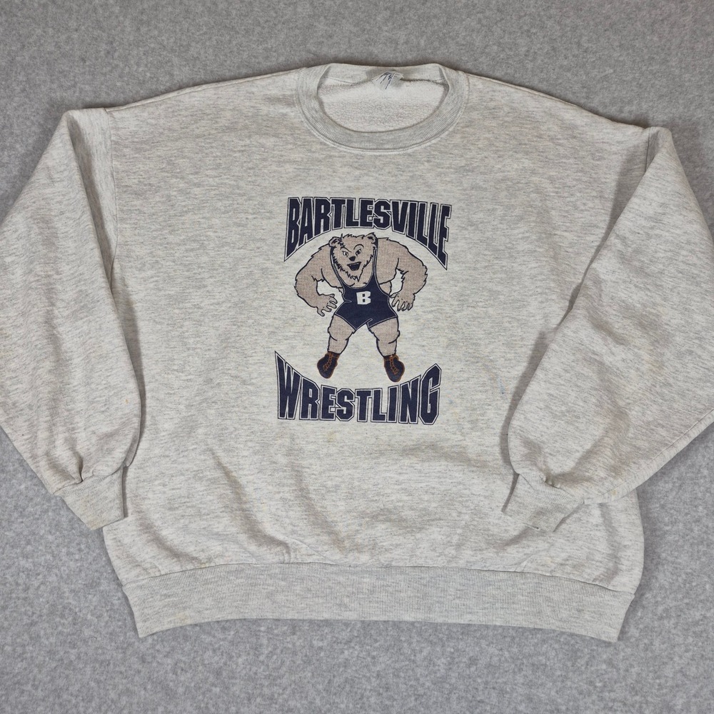 Vintage Jerzees Sweatshirt Mens 2X Gray Bartlesville Wrestling Made in USA